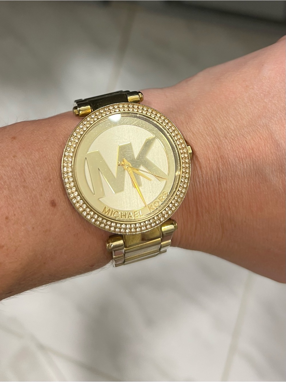Michael Kors Gold-Tone MK Logo Crystal Bezel Women's Watch